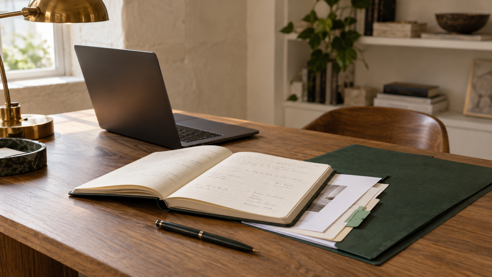 Illustrative workspace: an open notebook and working papers in a forest-green folder, ready to return to beside a laptop.