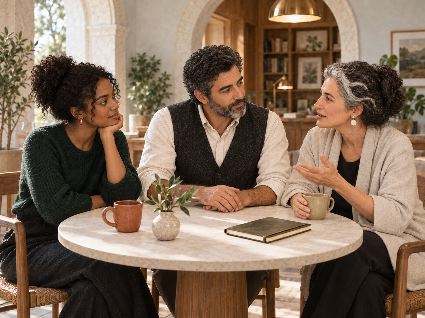 Illustrative scene: an older woman leads a conversation while a younger Black woman and a man listen around a round table.