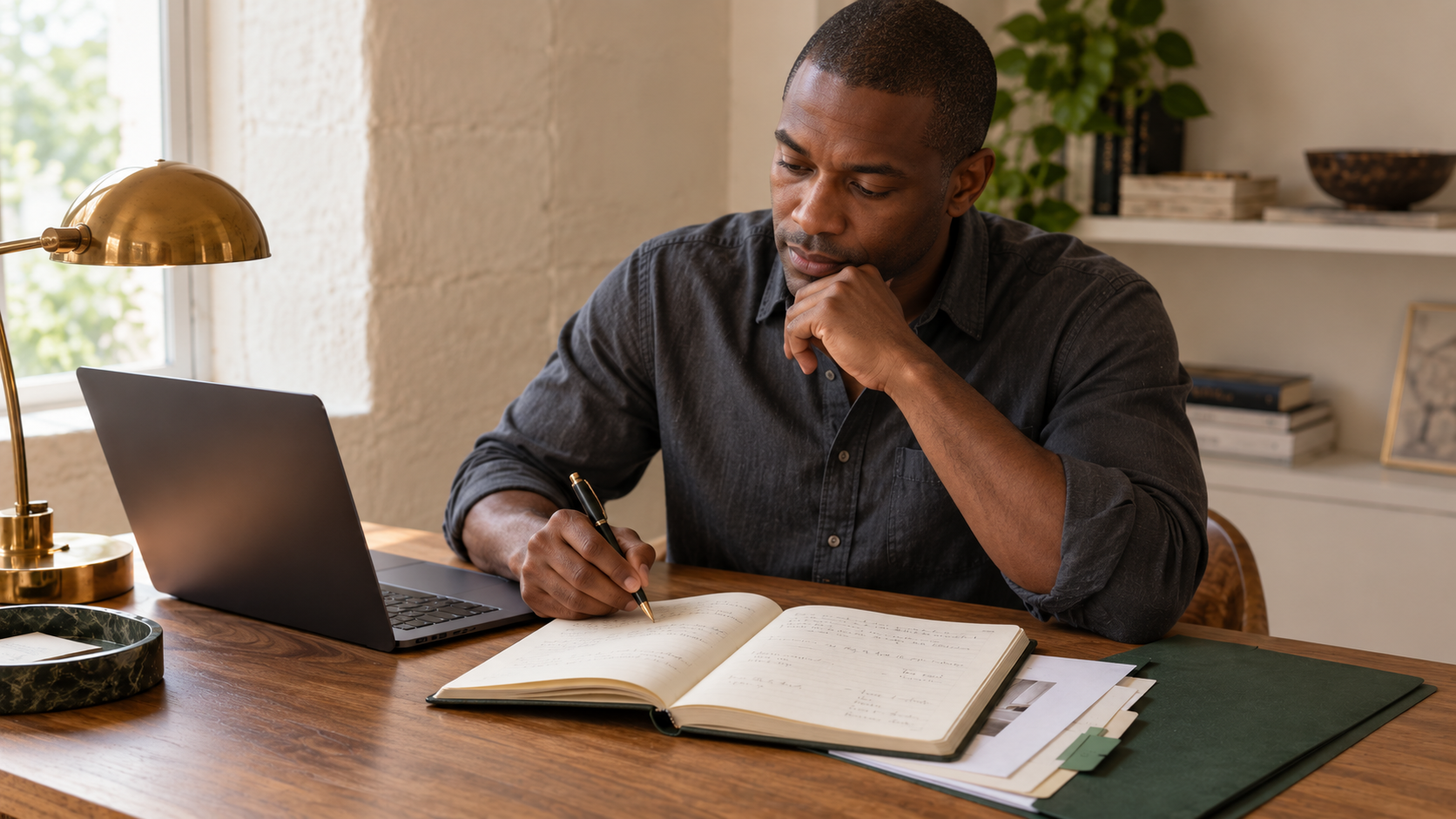 Illustrative scene: a Black man reviews his notebook beside a laptop and a forest-green folder of working papers.